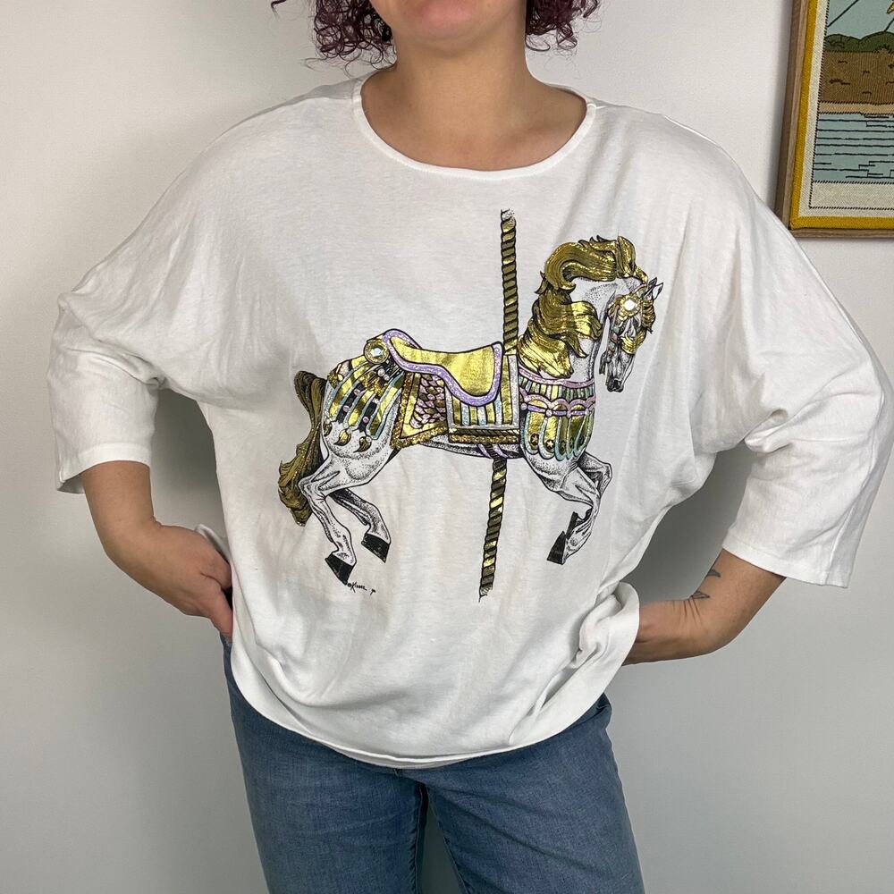 Vintage 90s white carousel horse puff paint 3/4 tee size 2X